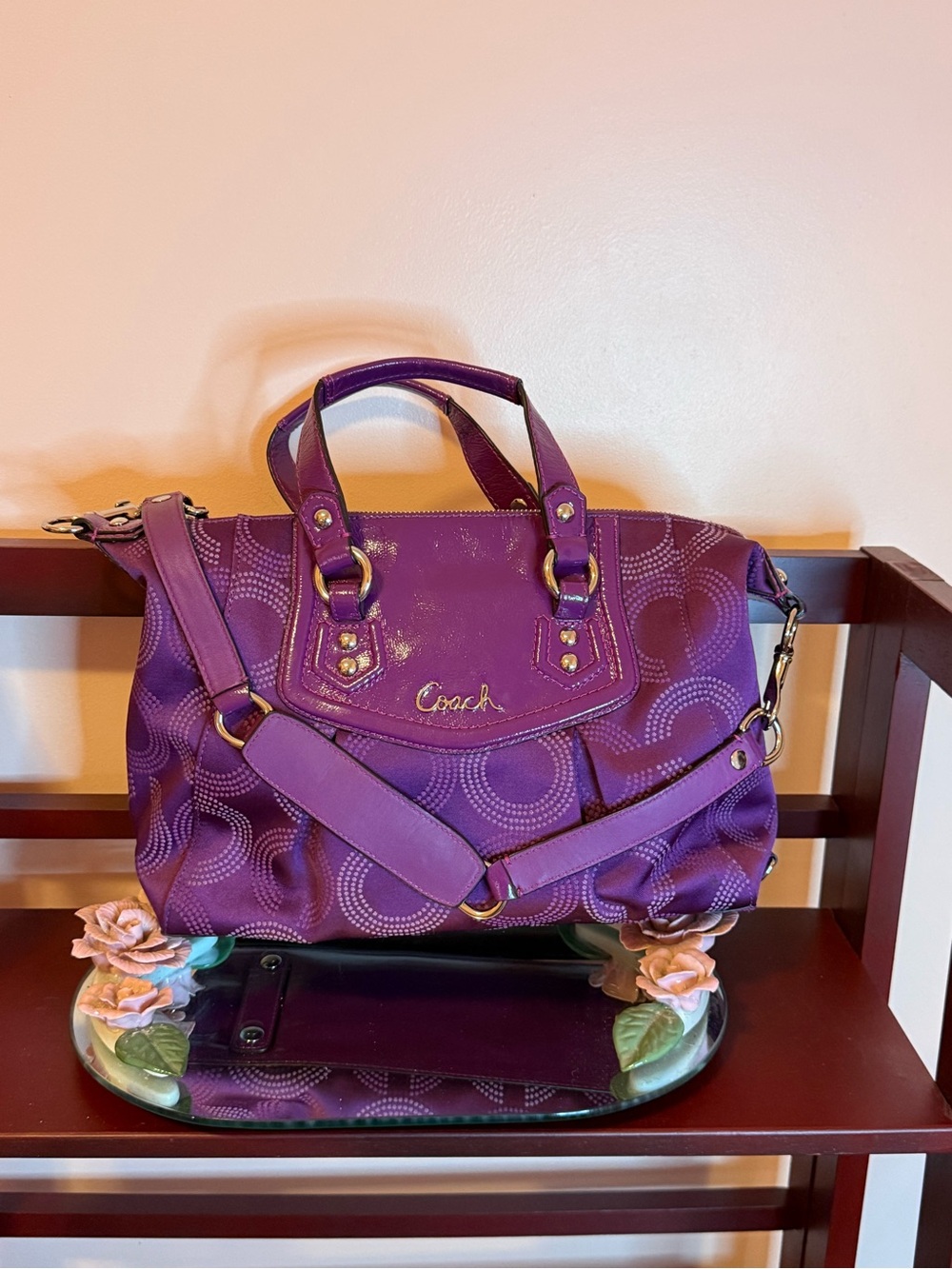 Coach Purple Signature Satchel with Top Handles and Strap
